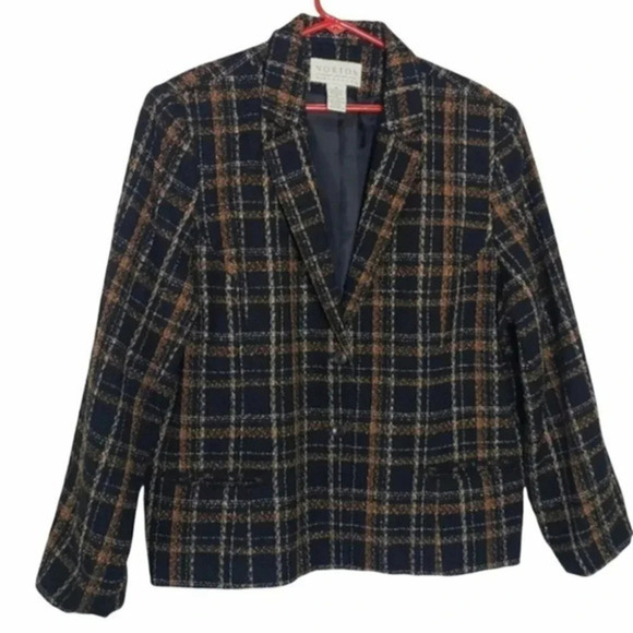Vintage Norton Mcnaughton 16 black/brown/white plaid 2 button blazer‎ - Picture 1 of 5